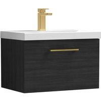 Balterley 600mm Wall Hung 1 Drawer Vanity Unit, Woodgrain Black, Brass Handle in Black