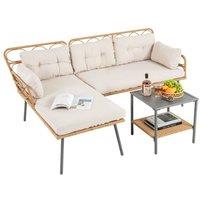 Costway 3 Pieces PE Rattan L-Shaped Corner Patio Furniture Sofa Set in Brown