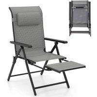 Costway Folding Patio Chair Lounge Chair with 10-Level Adjustable Backrest in Grey
