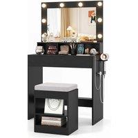 Costway Makeup Vanity Desk Set w/Mirror &Lights Dressing Table w/Stool &Drawer in Black