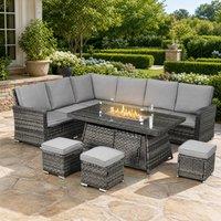 STILVORA Sofa 7-Piece with fire pit table grey rattan