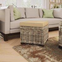 FWStyle Solid Pine Rattan Padded Storage Ottoman Stool in Brown