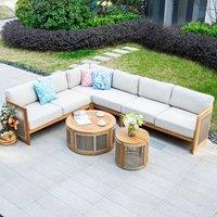 MIMO Solid Wood Outdoor Garden Corner Sofa Set with Rope Detailing in Natural | Size: 6 Person
