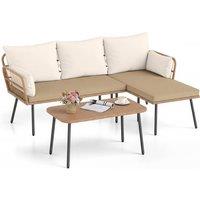 Costway 3PCS Patio Sectional Sofa w/Coffee Table Rattan Conversation Set in Brown