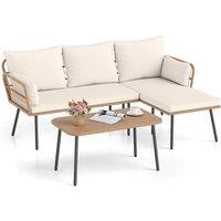 Costway 3PCS Patio Sectional Sofa w/Coffee Table Rattan Conversation Set in White
