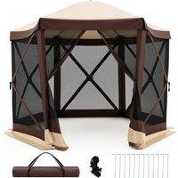Costway Foldable Gazebo w/6 Net Sides & Zipped Door 6-Sided Garden Pavilion in Brown
