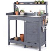 Costway Garden Potting Bench Table Wood Plant Workstation w/ Lockable Cabinet in Grey