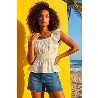 Dusk Women's Textured Cotton Frill Top in Ivory | Size: 10