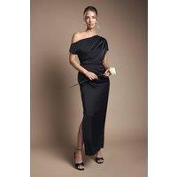 Coast Women's Satin Ruched Detail Off-The Shoulder Maxi Bridesmaid Dress in Black | Size: 18