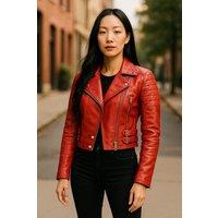 Infinity Leather Women's Cropped Brando Leather Biker Jacket-Durban in Red | Size: 22