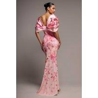 Goddiva Women's Printed Off-Shoulder Satin Bow Back Maxi Dress in Pink | Size: 10