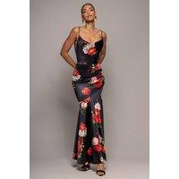 Goddiva Women's Floral Print Satin Cowl Neck Maxi Dress in Black | Size: 18