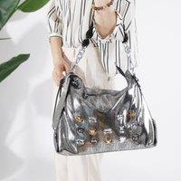 PEACH ACCESSORIES Women's Metallic Jewells Encrusted Hobo Bag in Metallic Silver