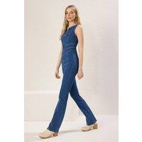WOVCOR Women's Round Neck Fitted Denim Jumpsuit in Dark Blue | Size: 10