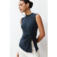WOVCOR Women's High Neck Ruched Detail Modal Knit Blouse in Dark Grey | Size: XS