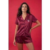 WOVCOR Women's Strawberry Embroidered Satin Short Sleeve Pyjama Set in Burgundy | Size: 10
