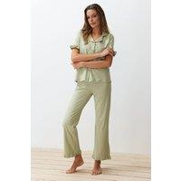 WOVCOR Women's Ruffle Detail Short Sleeve Pyjama Set in Light Khaki | Size: Large