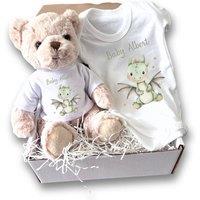 Aye Do Gifts Personalised Little Dinosaur Baby Gift Hamper - Teddy & Baby Vest in White | Size: 6-12 m