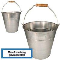 FLAVORA 15L Galvanised Steel Metal Bucket Small Large with Wooden Handle in Silver