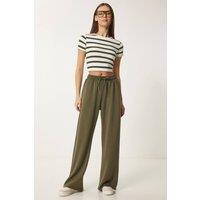 Happiness Istanbul Women's Wide Leg Drawstring Waist Sweatpants in Khaki | Size: Small