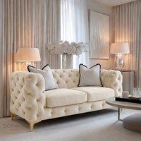 Sofaya Monaco Chesterfield Velvet Cushions Sofa 2 Seater Couch in Cream