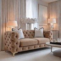 Sofaya Monaco Chesterfield Velvet Cushions Sofa 2 Seater Couch in Light Brown