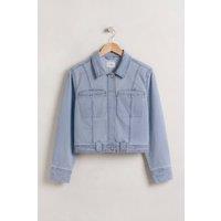 Enorsia Women's Light Wash Cropped Denim Jacket in Light Blue | Size: 12