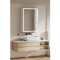 Living and Home Single-Door Bathroom Mirror Cabinet with LED Lighting and Clock in Silver