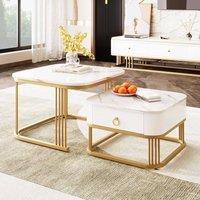 BTM Set of 2 Nesting Tables, High-Gloss Marble with Drawer in White