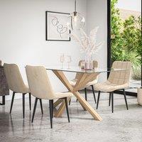 More4Homes Etta Glass Dining Table & Chairs - Glass Top w Solid Oak Legs + Nova Velvet Dining Chair Set Of 4 in Beige
