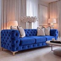 Sofaya Monaco Chesterfield Velvet Cushions Sofa 3 Seater Couch in Blue