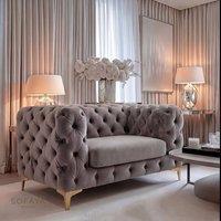 Sofaya Monaco Chesterfield Velvet Arm Chair Cushions Sofa Seater Couch in Grey | Size: Armchair