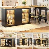 BTM Extendable Sideboard LED Dining Table Glass Shelves Storage in Black