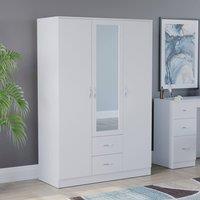 HD Designs Riano 3 Door 2 Drawer Mirrored Wardrobe Storage Organizer in White