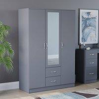 HD Designs Riano 3 Door 2 Drawer Mirrored Wardrobe Storage Organizer in Grey