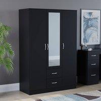 HD Designs Riano 3 Door 2 Drawer Mirrored Wardrobe Storage Organizer in Black