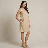 MyShoeStore Women's Linen Blend Sleeveless Shift Dress with Pockets in Beige | Size: 18