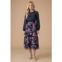 Oasis Women's Petite Occasion Floral Lace Bodice Midi Dress in Navy | Size: 8