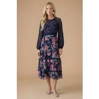 Oasis Women's Petite Occasion Floral Lace Bodice Midi Dress in Navy | Size: 12