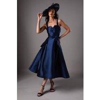 Coast Women's Lisa Tan Twill Volume Belted Midi Dress in Navy | Size: 12