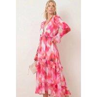 Style Cheat Women's Birdie Frill Tie-Back Midi Pink Abstract Dress | Size: 14