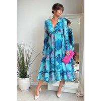 Style Cheat Women's Birdie Frill Tie-Back Midi Blue Floral Dress | Size: 12
