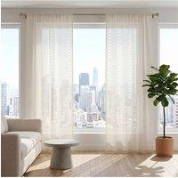 Living and Home 2 Panels Semi-sheer Lace Curtains with Tassels in Beige | Size: 100 cm width x 210 cm drop