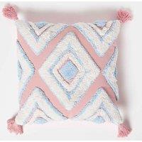 Homescapes Geometric Ikat Tufted Cotton Cushion with Tassels in Blue | Size: 45 cm x 45 cm