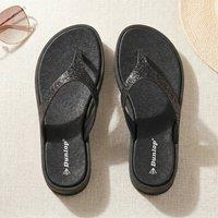 MyShoeStore Women's Summer Sandals Low Wedge Comfy Toe Post Flip Flops in Black | Size: 6