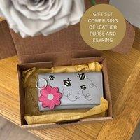Mala leather Women's Gift Set - Leather Bee Purse & Daisy Keyring in Grey