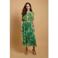 Oasis Women's Printed Pleated Mesh Midi Dress With Flutter Sleeve in Blue | Size: 12