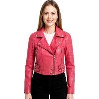 Infinity Leather Women's Cropped Brando Leather Biker Jacket-Bellville in Fuchsia | Size: 18