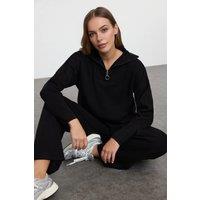 WOVCOR Women's 2-Piece Loose Fit Zip-Up Knit Top & Pants Set in Black | Size: XL