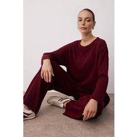 WOVCOR Women's 2-Piece Loose Fit Basic Ribbed Knit Top & Pants Set in Burgundy | Size: Large